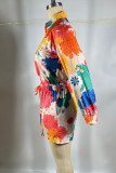 Orange Red Casual Print Buckle Patchwork Turndown Collar Long Sleeve Two Pieces