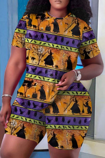 Orange Purple Casual Print Basic O Neck Short Sleeve Two Pieces