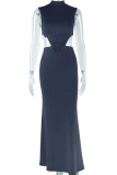 Red Elegant Solid Color Hollow Out Patchwork O Neck Long Dresses