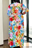 Blue Casual Floral Print Belted V Neck Long Plus Size Dresses