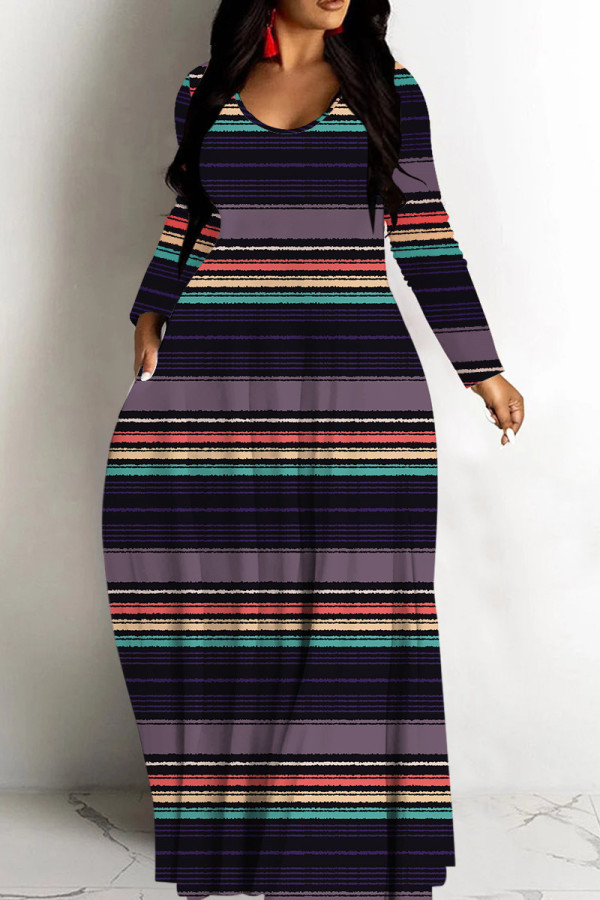 Purple Casual Striped Print Basic V Neck Long Dresses