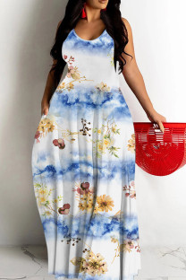 Blue White Casual Floral Print Backless Spaghetti Strap Long Dresses
