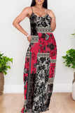 Blue Casual Print Backless Spaghetti Strap Long Dresses