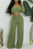 Army Green Casual Solid Color Patchwork Zipper Zipper Collar Long Sleeve Two Pieces