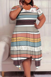 Greenish Yellow Casual Print Patchwork O Neck Irregular Plus Size Dresses