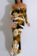 Yellow Black Sexy Floral Print Stripe Contrast Off Shoulder Printed Dresses