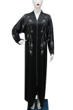 Black Street Patchwork Hot Drill Zipper Turndown Collar Long Dresses