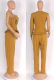 Yellow Elegant Solid Color Patchwork See-Through Beading O Neck Long Sleeve Two Pieces