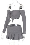 Grey Sexy Hot Solid Color Backless Belted Off Shoulder Long Sleeve Two Pieces