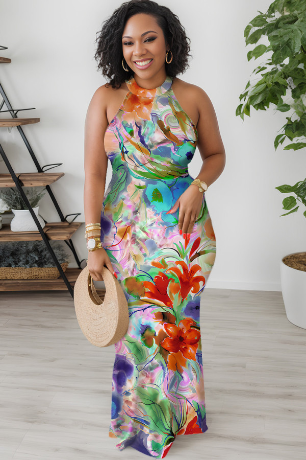 Pink Purple Casual Floral Print Hollow Out O Neck Long Dresses