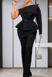 Black Elegant Solid Color Patchwork See-Through Beading O Neck Long Sleeve Two Pieces
