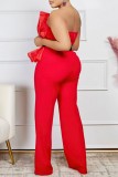 Red Sexy Casual Solid Color Backless With Belt Strapless Bodycon Jumpsuits