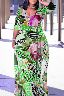Green Casual Floral Print Belted V Neck Long Plus Size Dresses