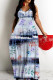 Dark Blue Casual Floral Print Backless Spaghetti Strap Long Dresses