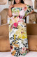 White Casual Floral Print Patchwork Off Shoulder Long Plus Size Dresses