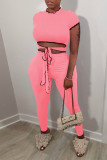 Pink Fashion Casual Solid Strap Design O Neck Short Sleeve Two Pieces