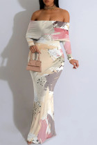 Beige Sexy Floral Print Stripe Contrast Off Shoulder Printed Dresses