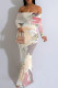 Beige Sexy Floral Print Stripe Contrast Off Shoulder Printed Dresses