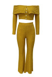 Yellow Casual Solid Color Buckle Patchwork Off Shoulder Long Sleeve Two Pieces