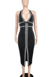 Black Elegant Patchwork Backless High Slit Hot Drill Deep V Neck Wrapped Skirt Dresses