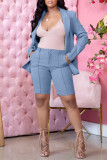 Blue Fashion Casual Solid Cardigan Turndown Collar Long Sleeve Two Pieces