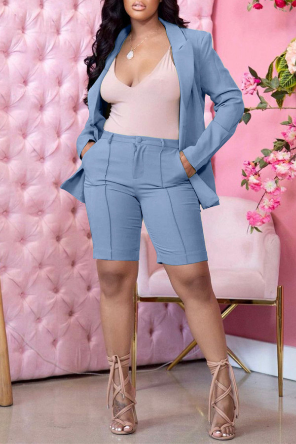 Baby Blue Fashion Casual Solid Cardigan Turndown Collar Long Sleeve Two Pieces