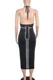 Black Elegant Patchwork Backless High Slit Hot Drill Deep V Neck Wrapped Skirt Dresses