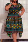 Greenish Yellow Casual Print Patchwork O Neck Irregular Plus Size Dresses