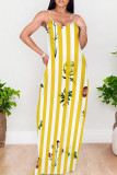 Blue Casual Print Backless Spaghetti Strap Long Dresses