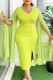 Green Elegant Solid Color Patchwork High Slit Hot Drill Zipper O Neck Long Dresses