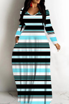 Blue Casual Striped Print Basic V Neck Long Dresses