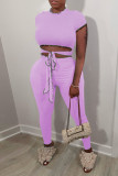 Pink Fashion Casual Solid Strap Design O Neck Short Sleeve Two Pieces