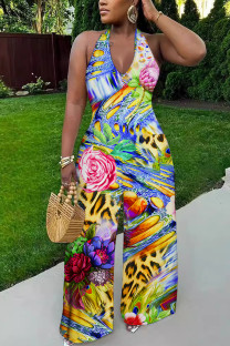Leopard Print Casual Floral Print Backless Halter Regular Jumpsuits