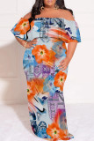 Green Casual Floral Print Patchwork Off Shoulder Long Plus Size Dresses