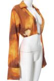 Orange Sexy Print Buttons Patchwork Deep V Neck Tops