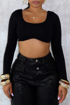 Black Solid Color Patchwork U Neck Tops