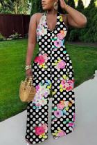 Black And White Casual Floral Print Backless Halter Regular Jumpsuits