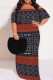 Grey Red Casual Print Patchwork Off Shoulder Long Plus Size Dresses