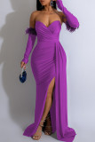 Green Elegant Solid Color Patchwork Feathers Backless High Slit Strapless Evening Dresses