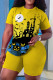 Yellow Casual Print Basic O Neck Short Sleeve Two Pieces