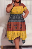 Greenish Yellow Casual Print Patchwork O Neck Irregular Plus Size Dresses