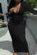 Black Elegant Solid Color Patchwork Deep V Neck Long Dresses