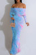 Blue Pink Sexy Floral Print Stripe Contrast Off Shoulder Printed Dresses