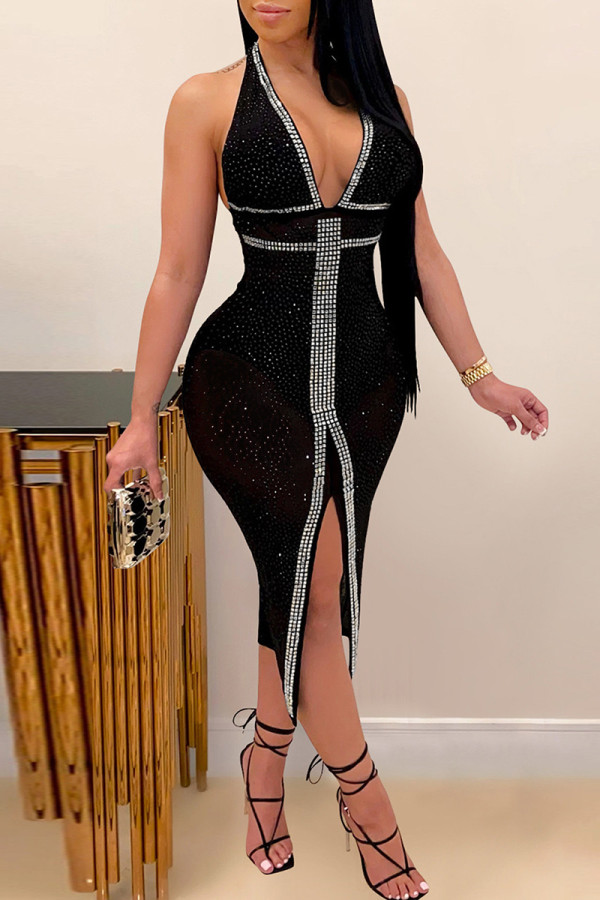 Black Elegant Patchwork Backless High Slit Hot Drill Deep V Neck Wrapped Skirt Dresses