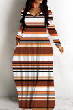 Blue Casual Striped Print Basic V Neck Long Dresses