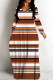 Brown Casual Striped Print Basic V Neck Long Dresses
