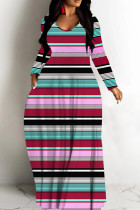 Lake Blue Casual Striped Print Basic V Neck Long Dresses