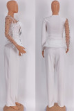 Yellow Elegant Solid Color Patchwork See-Through Beading O Neck Long Sleeve Two Pieces