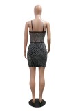 Black Sexy Patchwork Hot Drilling Fringed Trim Backless Spaghetti Strap Wrapped Skirt Dresses