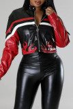 Red Casual Patchwork Zipper Collar Outerwear